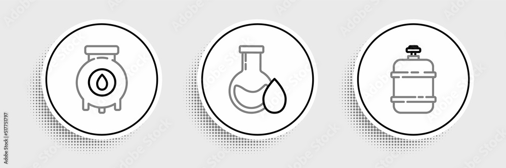 Obraz premium Set line Propane gas tank, Oil and industrial factory building and petrol test tube icon. Vector