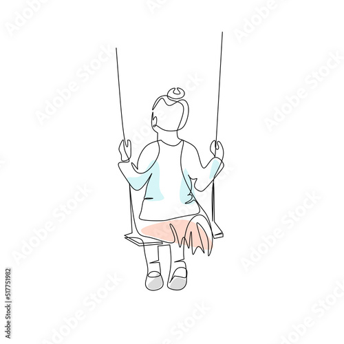 Vector illustration of a little girl swinging on a swing drawn in line art style