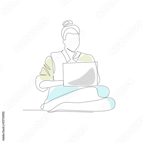 Vector illustration of woman with laptop drawn in line art style