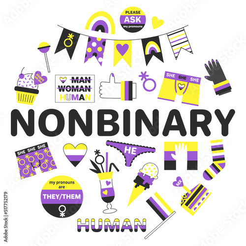 Word nonbinary surrounded by symbols, flags and enby people in a circle shape. Genderqueer person rights lgbtq+ pride flat vector illustration set.