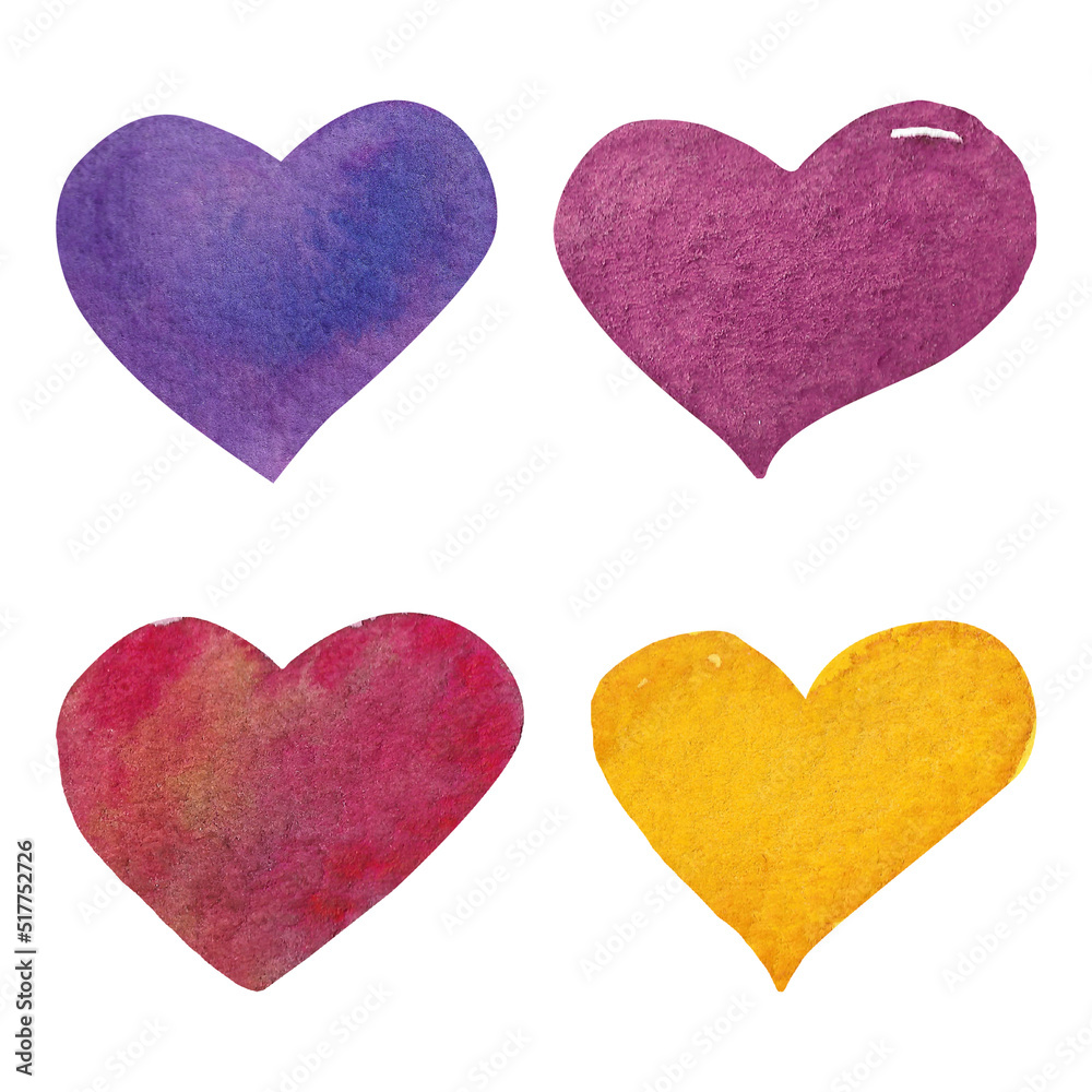 Watercolor heart in different colors. A set of forms written by hand