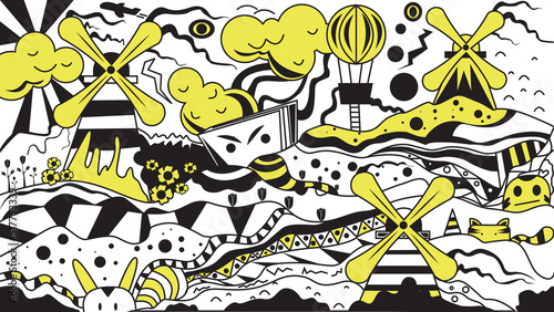 Windmill doodle vector illustration. Netherlands wallpaper and background. 