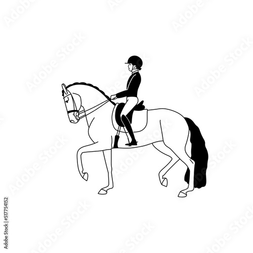 Black and white concise image of a dressage rider on a horse