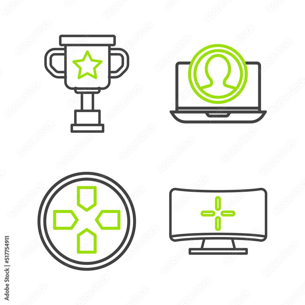 Set line Computer monitor, Gamepad, Create account screen and Award cup icon. Vector Set line Computer monitor, Gamepad, Create account screen and Award cup icon. Vector