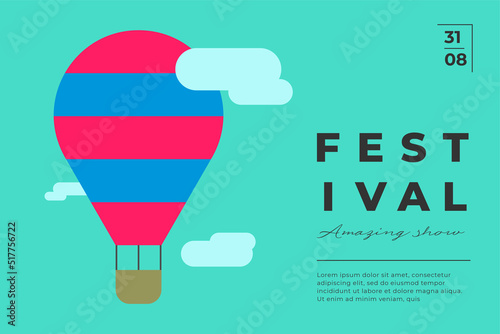 Amusement park festive minimal trendy horizontal poster with aerostat. Carnival funfair minimalistic creative design banner with hot air balloon on sky. Fun fair festival simple flat vector placard