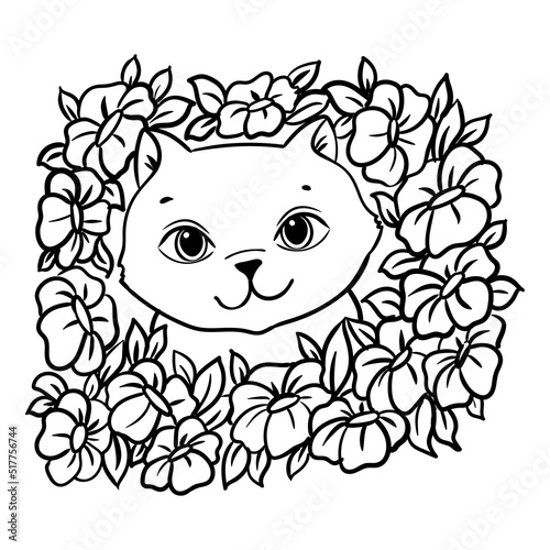 The muzzle of a kitten among the flowers. Coloring book for children. Vector illustration isolated on white background.