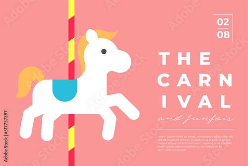 Amusement park festive minimal trendy horizontal poster with merry-go-round. Carnival funfair minimalistic creative design banner with children attraction carousel. Fun fair festival flat eps placard