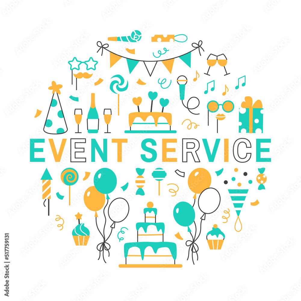 Event service circle concept on white background. Flat line color Birthday party holiday text frame for banner postcard design. Festive balloons cake muffin present confetti drinks vector illustration Event service circle concept on white background. Flat line color Birthday party holiday text frame for banner postcard design. Festive balloons cake muffin present confetti drinks vector illustration