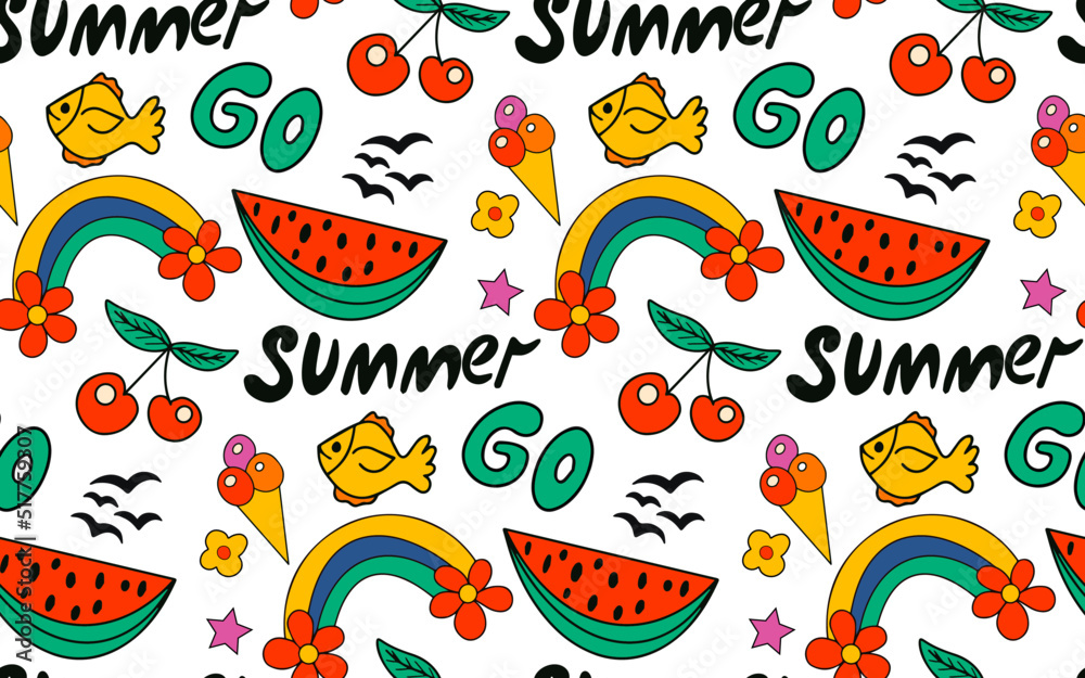 Retro 70 vibe summer. Colorful seamless summer pattern with hand drawn beach elements. Fashion print design, vector illustration