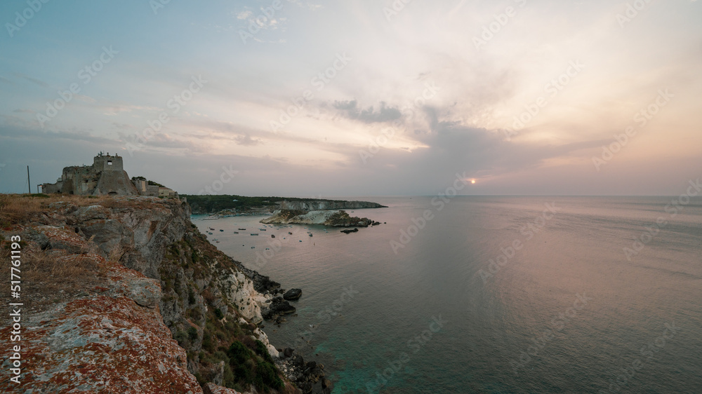 Italy, July 2022: architectural and landscape details of the island of San Nicola in the archipelago of the Tremiti Islands