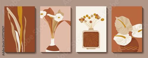 Abstract botanical wall art vector set. Bohemian style natural line art wallpaper. Live and dry flowers in vases for home decor, wall art, artistic poster, greeting card. Modern vector illustrations