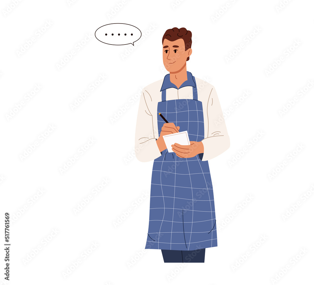 Cafe employee taking order. Young man waiter in uniform listening and writing notes. Colored flat vector illustration isolated on white background Cafe employee taking order. Young man waiter in uniform listening and writing notes. Colored flat vector illustration isolated on white background