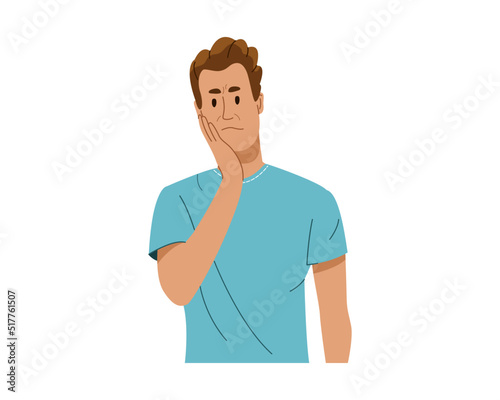 Man having bad toothache. Suffering guy holding his hand to cheek. Dental and oral health concept. Flat style vector illustration isolated on white background
