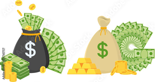 Set of vintage money bag and a pile of paper bills lie around it.