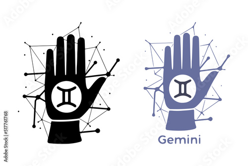 Hand with Gemini symbol isolated on white background. Horoscope fortune telling art. Constellation doodle design.