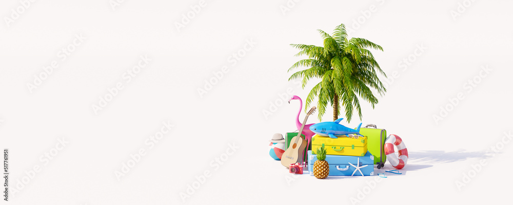 Summer vacation concept with palm tree and travel accessories on white background 3D Render 3D illustration