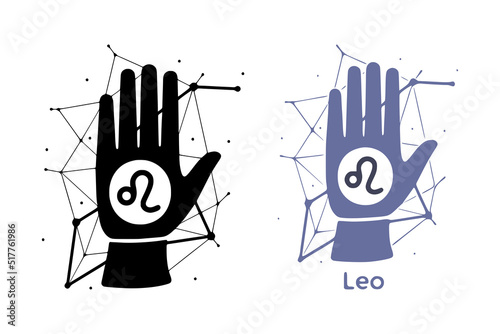 Hand with Leo symbol isolated on white background. Horoscope fortune telling art. Constellation doodle design.