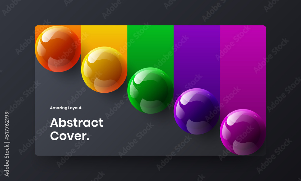 Minimalistic magazine cover vector design layout. Multicolored realistic spheres annual report illustration.