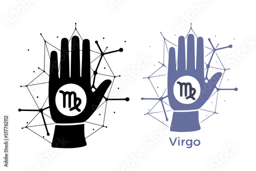 Hand with Virgo symbol isolated on white background. Horoscope fortune telling art. Constellation doodle design.