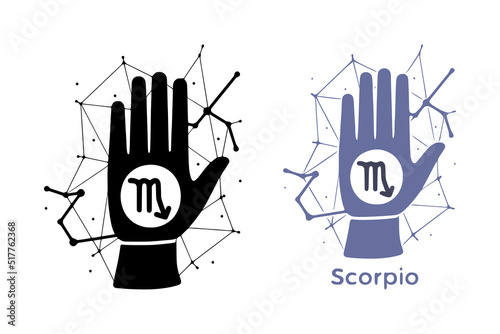 Hand with Scorpio symbol isolated on white background. Horoscope fortune telling art. Constellation doodle design.