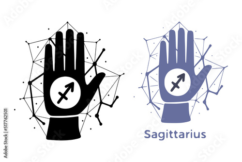 Hand with Sagittarius symbol isolated on white background. Horoscope fortune telling art. Constellation doodle design.