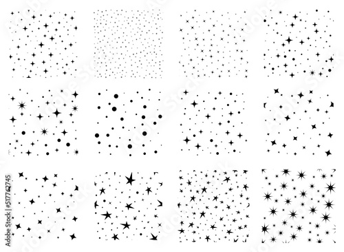 Random stars seamless patterns set. Starry sky vector wallpaper.