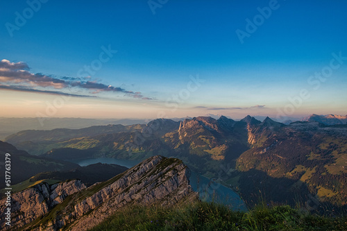 Panorama with evening mood taken on the Diethelm mountain with a view of the Wägital in Switzerland