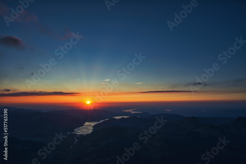 Sunset panorama over Sihlsee, Zürichsee and Greifensee in Switzerland