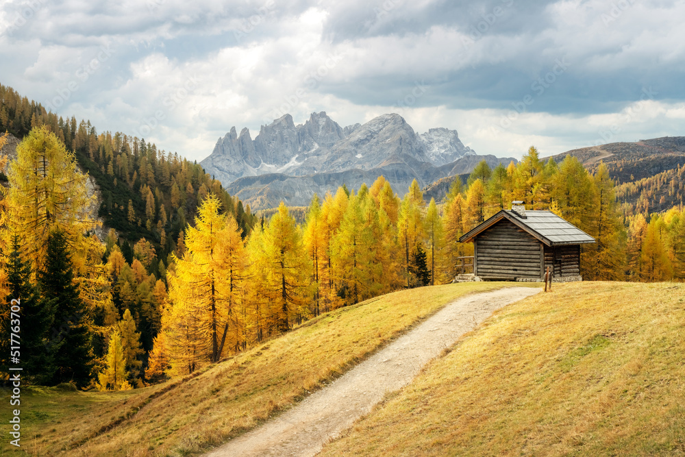 Incredible autumn view at Valfreda valley in Italian Dolomite Alps. Wooden cabin, yellow grass, orange larches forest and snowy mountains peaks on background. Dolomites, Italy. Landscape photography Incredible autumn view at Valfreda valley in Italian Dolomite Alps. Wooden cabin, yellow grass, orange larches forest and snowy mountains peaks on background. Dolomites, Italy. Landscape photography