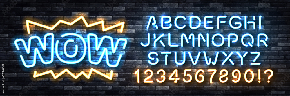 Vector realistic isolated neon sign of WOW logo with easy to change color font alphabet on the wall background. Vector realistic isolated neon sign of WOW logo with easy to change color font alphabet on the wall background.