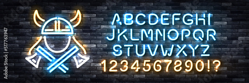 Vector realistic isolated neon sign of Viking logo with easy to change color alphabet font on the wall background.
