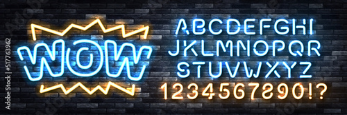 Vector realistic isolated neon sign of WOW logo with easy to change color font alphabet on the wall background.