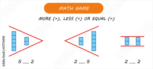 Math game for kids. Compare pairs of numbers and put symbol - more, less or equal.