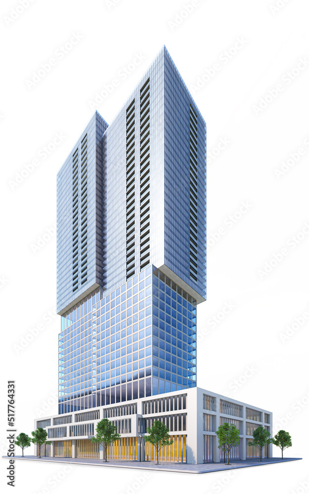 Realistic skyscraper building isolated on white background. 3d illustration