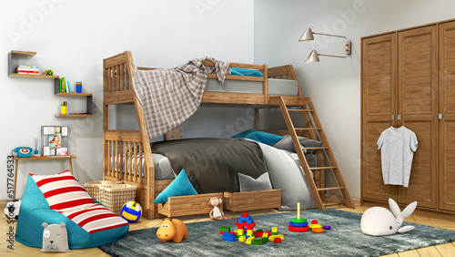 Children room with bunk bed, wardrobe, cozy rug, beanbag chair and lot of toys, 3d illustration photo