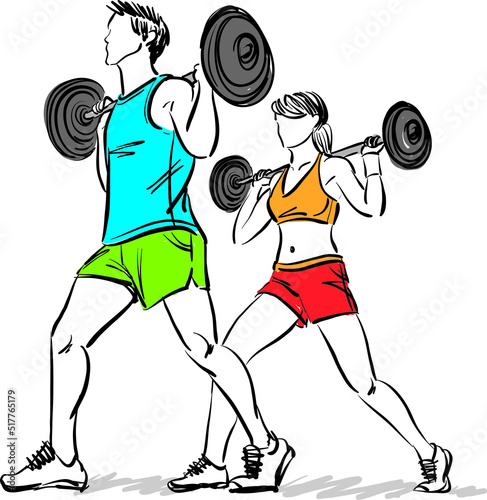 couple fitness gym concept strong woman men vector illustration