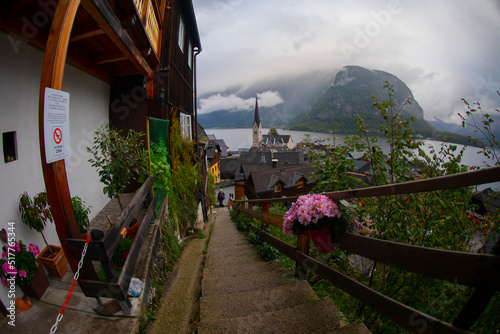 View of the Hallstatt from lake Hallstater See, Austria photo