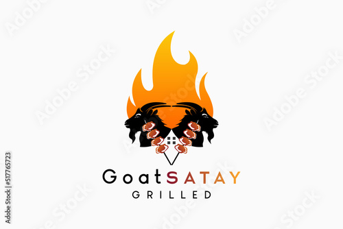 Goat satay or animal satay design, silhouette of goat's head combined with satay icon in fire in retro color