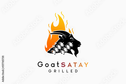 Goat satay or animal satay design, the silhouette of a goat's head blends with the satay icon in the fire icon