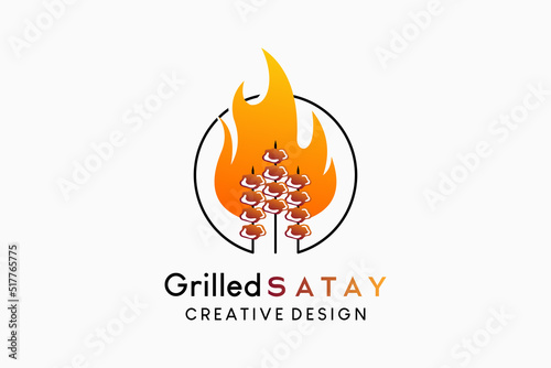 Grilled satay logo design with creative concept, satay icon and fire in a circle