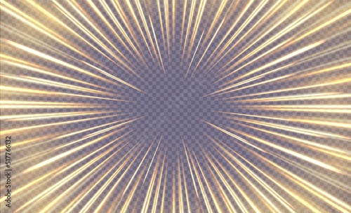 Sun rays, zoom in motion effect, light color trails, manga speed frame concept. Speed of light, stars in motion, radial overlay vector backdrop.