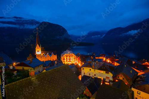 View of the Hallstatt from lake Hallstater See, Austria photo