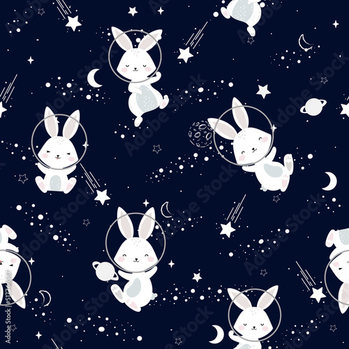 Seamless pattern cute rabbit on spaceland. Design for, wallpaper, wrapping, fabric, and all your creative project photo