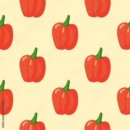 Fototapeta Naklejka Na Ścianę i Meble -  Seamless food pattern of bell pepper on yellow background. Backdrop for wallpaper, print, textile, fabric, wrapping. Vector illustration