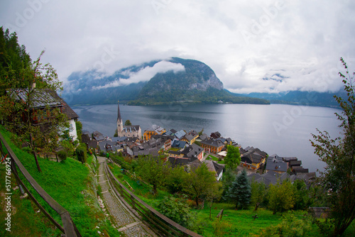 View of the Hallstatt from lake Hallstater See, Austria photo