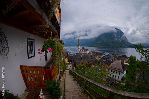 View of the Hallstatt from lake Hallstater See, Austria photo