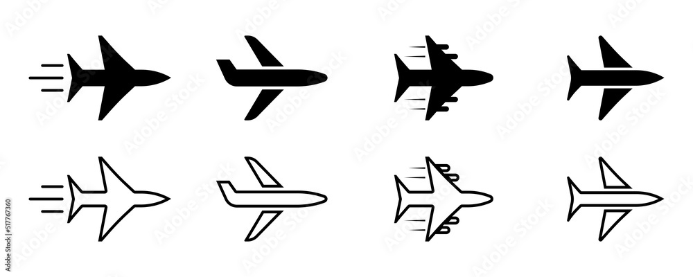 Set of airplane vector icons. Transportation plane. Fly and travel on airplane. Black pictogram. Set of airplane vector icons. Transportation plane. Fly and travel on airplane. Black pictogram.