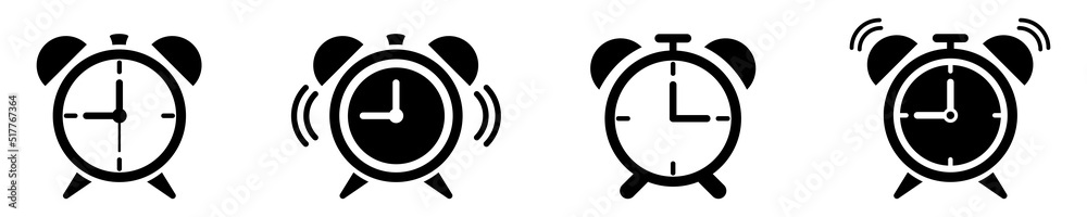 Set of alarm clock vector icons on white background. Black old ringing alarm clock vector pictogram. Wake up icons. 10 EPS. - obrazy, fototapety, plakaty 