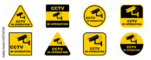 Set with cctv camera signs. Video surveillance. Camera in operation. Warning on Video observation. Yellow stickers. photo