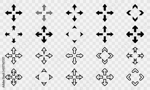 Vector set of four directions arrows : up, down, right and left. Arrows fours ways and paths. Vector 10 Eps.